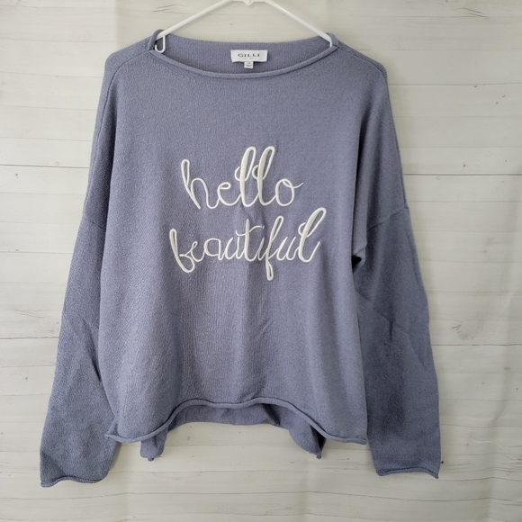 Medium Gilli Hello Beautiful Blue Grey Sweater Top - Picture 2 of 5
